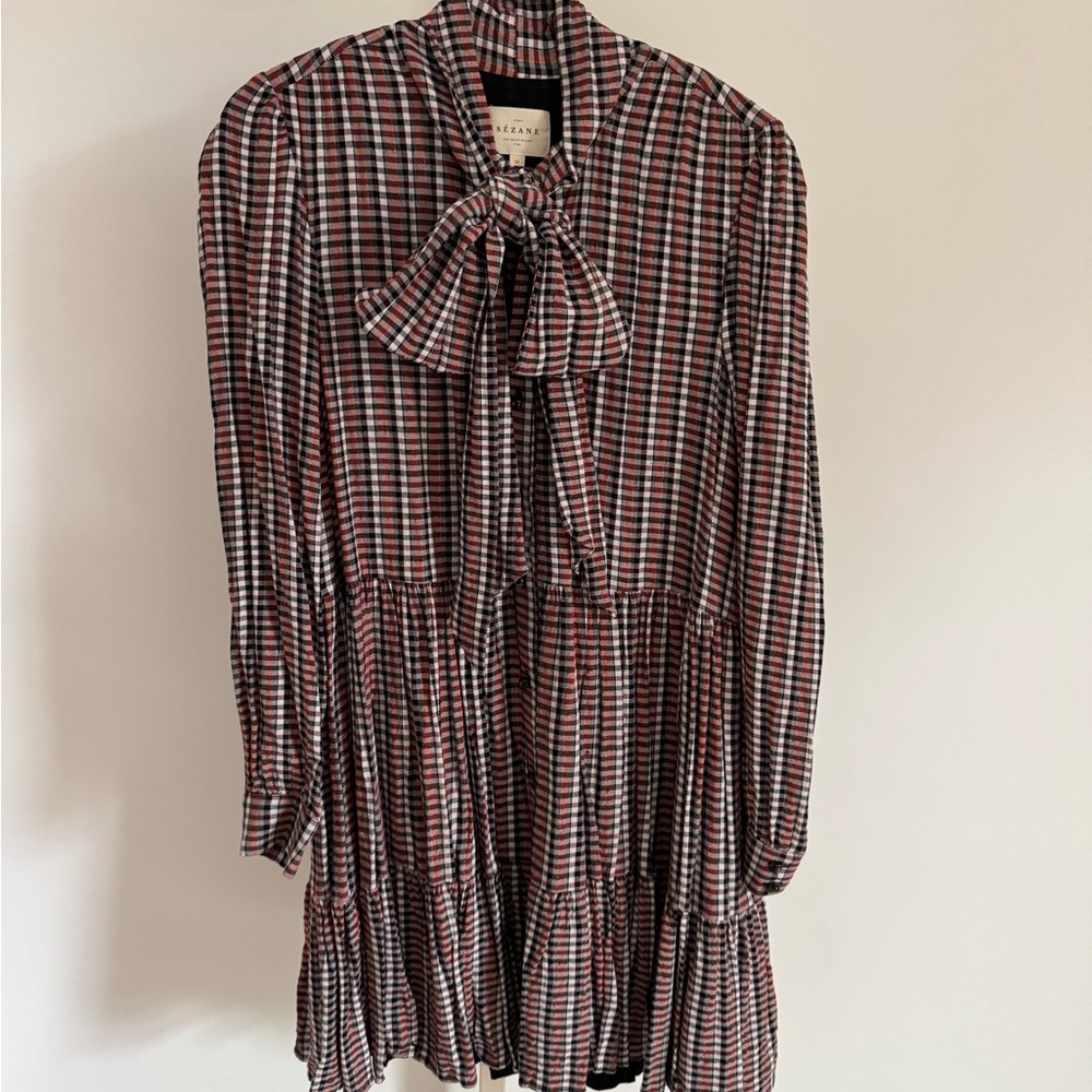 Sezane Multicolor Long Sleeve Dress with Neck Tie